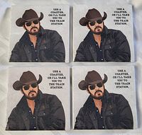 Four ceramic coasters arranged in a grid showing the character and text.