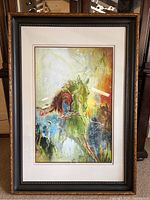 Front view of the framed giclee print "Reins" by Albert Pyne showing the vibrant abstract horse imagery, matting, and frame details.