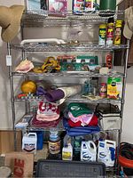 Front view of wire chrome shelving rack loaded with assorted household and garden items.