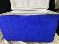 Blue cooler with open white lid showing interior compartment, displaying overall condition.