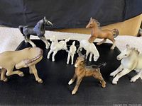 Top-down view of horse figurines showing multiple colors and poses including one black horse with white markings.