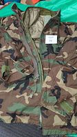 Full view of men's camouflage field jacket showing front zipper, collar, and sleeves.