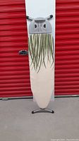Full view of ironing board showing the green leaf patterned cover and metal frame against a red door background.