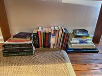 Wide shot of three piles of books on the floor showing variety in titles and subjects.