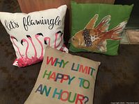 Set of three outdoor pillows and one canvas laundry bag arranged on floor, showing overall lot contents and condition.