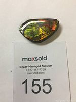 Polished ammolite gemstone fragment showing bright gold, red, and green iridescence on an irregular triangular shape.