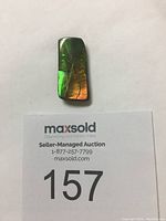 Polished ammolite fossil gemstone fragment on white background with auction label showing lot number 157.