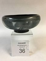 Front side view of ceramic bowl showing textured cobalt-based glaze pattern.