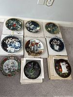 Nine porcelain collector plates arranged on floor with original boxes under each plate. Plates feature floral and hummingbird themes in detailed colorful designs.