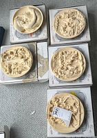 Six cream-colored Studio Dante collector plates with intricate bas-relief designs placed on top of original boxes showing various Renaissance figures and architectural elements.