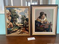 Both framed needlepoint artworks side by side on a table.
