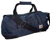 Side view of the Carhartt duffel bag showing logo patch, shoulder strap, and fabric texture