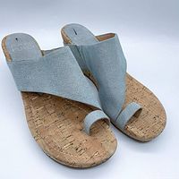 Side angle view showing soft pastel blue suede upper with toe loop and cork wedge platform sole.