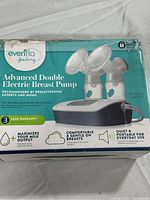 Two different photos of the boxed Evenflo Advanced Double Electric Breast Pump from the front showing product features and branding.