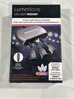Front view of the Lumations LED Light Wizard box showing product image and features like 3 ports for up to 6000 LED lights and included remote control.