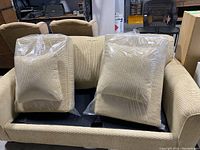 Front view of taupe/beige pull-out sofa bed frame with two matching cushions in plastic