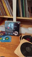 Photo showing vinyl record collection including Phantom of the Opera Broadway musical album in shrink wrap on shelf and several vinyl records lying on wooden floor.