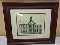Full view of the framed ink drawing depicting Newburgh Academy building showing the full frame and artwork.