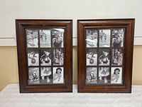 Pair of identical wooden photo frames, each 18x24 inches, holding nine black and white vintage-style photos.