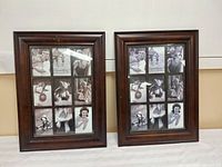 Pair of matching dark wood photo frames displayed upright showing grid layouts of vintage style black and white photos inside.
