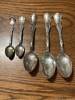 Photo showing all 5 spoons arranged on a wooden surface with Louis 14th pattern handles.