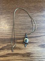 Full view of the necklace laid flat showing chain and oval locket pendant on wooden surface.