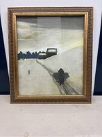 Front view of the framed winter scene painting showing composition and colors.