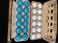 Top-down view of two dozen golf balls arranged in an open cardboard carton, with 12 blue Nike Mojo balls on the left and 12 white TaylorMade balls on the right, scale ruler alongside for size reference.