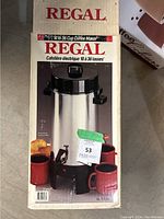 Original box of Regal 10 to 36 Cup Coffee Maker showing branding and quantity info