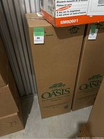 Full view of the boxed Oasis water cooler showing brand logo and packaging condition.