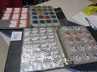 Photo showing binder pages with NHL pogs including team logos and player images.