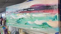Long rectangular canvas showing full view of abstract oil painting with dominant green, white, and red colors.