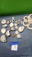 Overview of various sea shells and the handcrafted shell doily, showing the full assortment