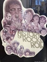 Framed History of Rock & Roll poster with a collage of rock musician illustrations in purple tones.