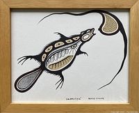 Frontal view of the framed acrylic painting titled Mother Earth by Rocky Fiddler showing the stylized beaver and signature.