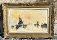 Frontal view of vintage oil painting in ornate frame showing overall condition, including frame damage and small crack on painting.