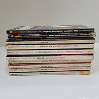 Stacked side view showing spine titles and dates of Analog Science Fiction/Science Fact magazines from 1974 to 1981.