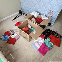 Overview photo showing assorted sweaters, tops, and pants folded and laid out on the floor and in boxes next to a mattress and bed frame
