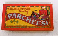 Game box with vintage 'World's Most Popular Game of Parcheesi' design, made in Canada by Canada Games Co.