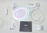 Two Twinkly FLEX LED light strip kits with connected cords, control modules, mounting clips, and instruction manual on white background.
