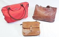 Three bags arranged together showing all three styles and colors: red Delsey fabric bag, brown mock croc leather tote, tan perforated leather purse.