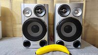 Front view of both Sony bookshelf speakers side by side with a banana in front for scale, showing three drivers each and front bass ports.