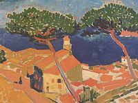 Close-up of the print showing vibrant colors, trees, rooftops, and sea with painting style brushstroke details.
