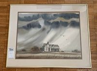 Full view of the framed watercolour painting showing the farmhouse landscape, cloudy sky and flock of birds.