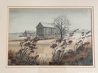 Close-up of the watercolour painting showing the barn, tree, and foreground foliage with visible artist signature.