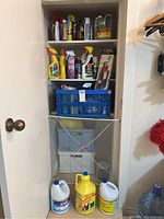 Shelf with multiple bottles of cleaning sprays, bleach, and cleaning towels including full and partially full bottles.