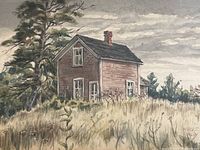 Close-up of the watercolour painting showing the house, grassy hill, trees, sky, and artist's signature at lower right.