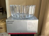 Mikasa High Point crystal serving bowl on top of original Mikasa box with product label showing size and details.