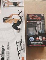 Box of Bolinger Total Fitness training station with resistance band and Total Toner system box showing product images and key features.