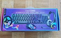 Box front showing keyboard, mouse, headset, and LED strip with RGB lighting and blue background